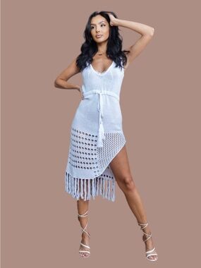 White Crochet Fringe Knit Cover-Up Dress